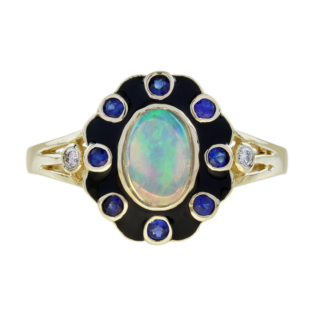 Opal Blue Sapphire Diamond Art Deco Style Floral Yellow Gold Ring