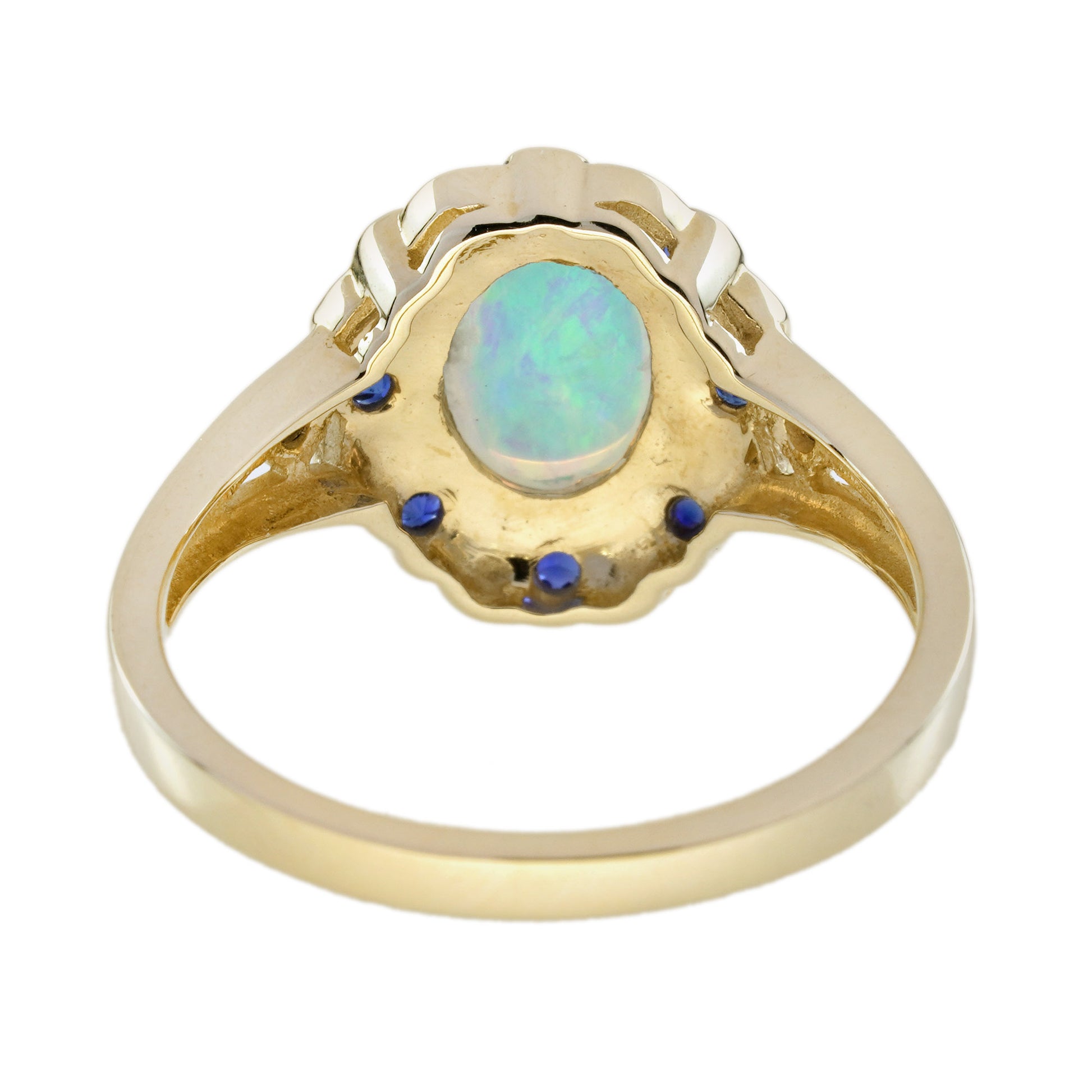 Opal Blue Sapphire Diamond Art Deco Style Floral Yellow Gold Ring