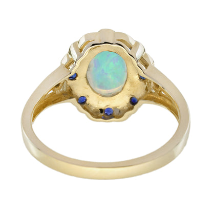 Opal Blue Sapphire Diamond Art Deco Style Floral Yellow Gold Ring