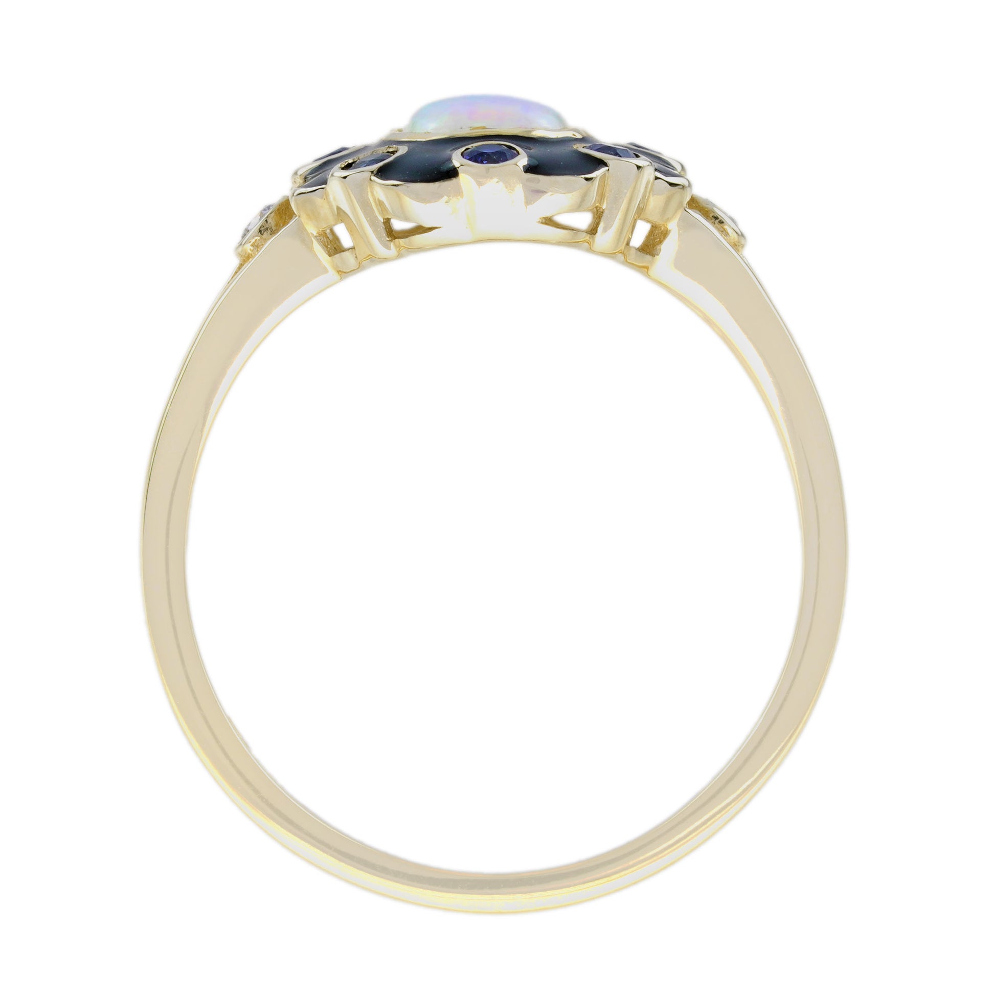 Opal Blue Sapphire Diamond Art Deco Style Floral Yellow Gold Ring