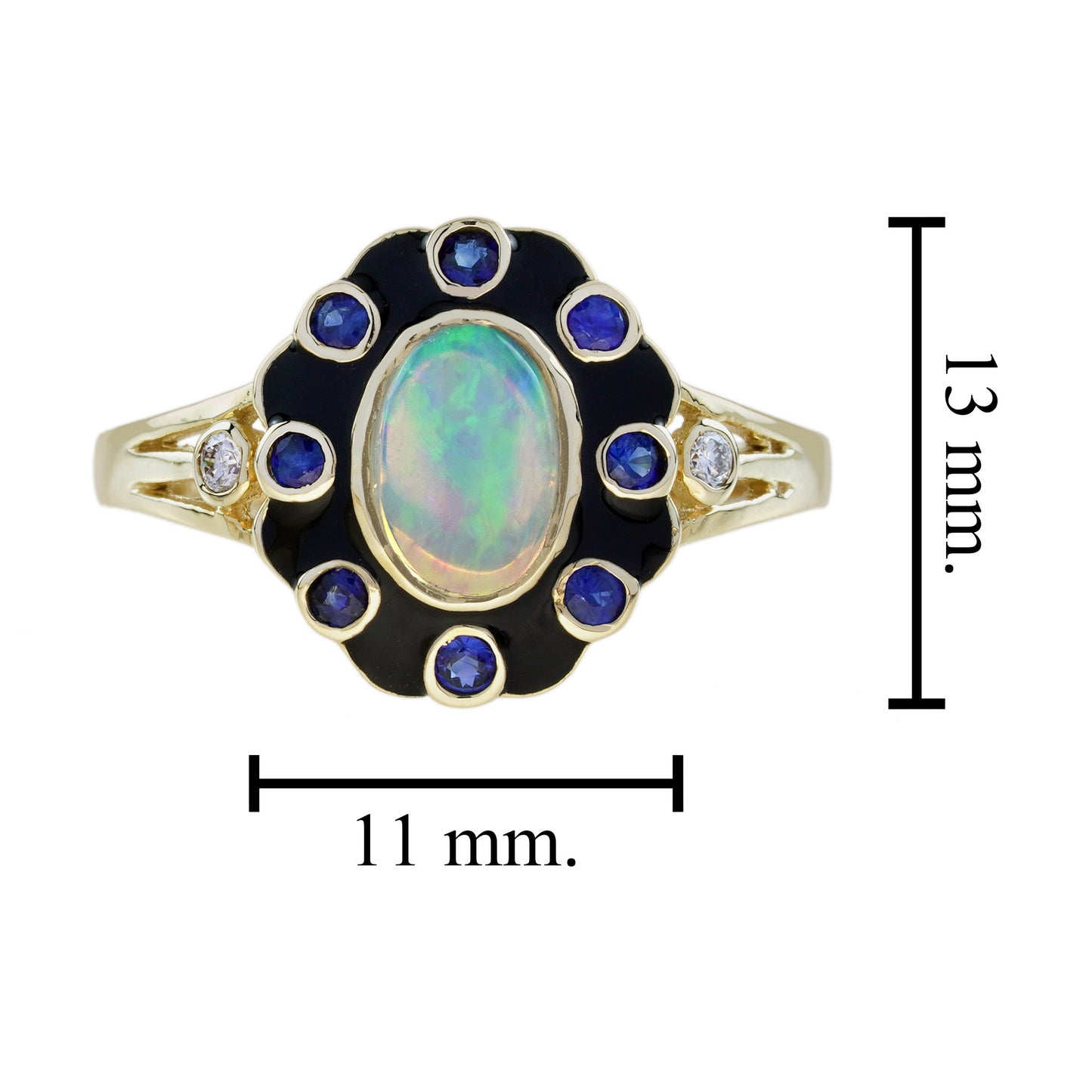 opal blue sapphire diamond art deco style floral yellow gold ring