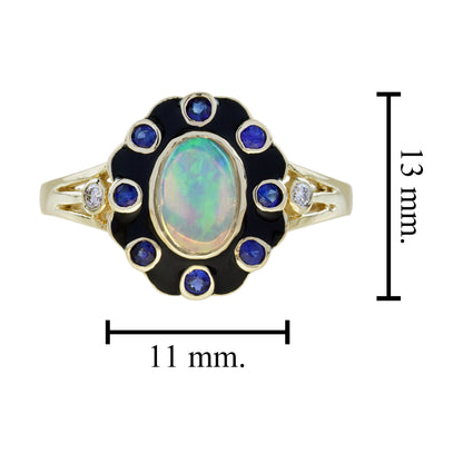 Opal Blue Sapphire Diamond Art Deco Style Floral Yellow Gold Ring