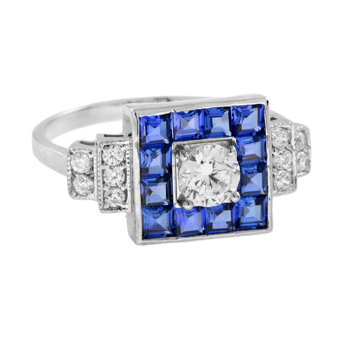 Diamond & Blue Sapphire Art Deco Style Square Shape 14K White Gold Ring