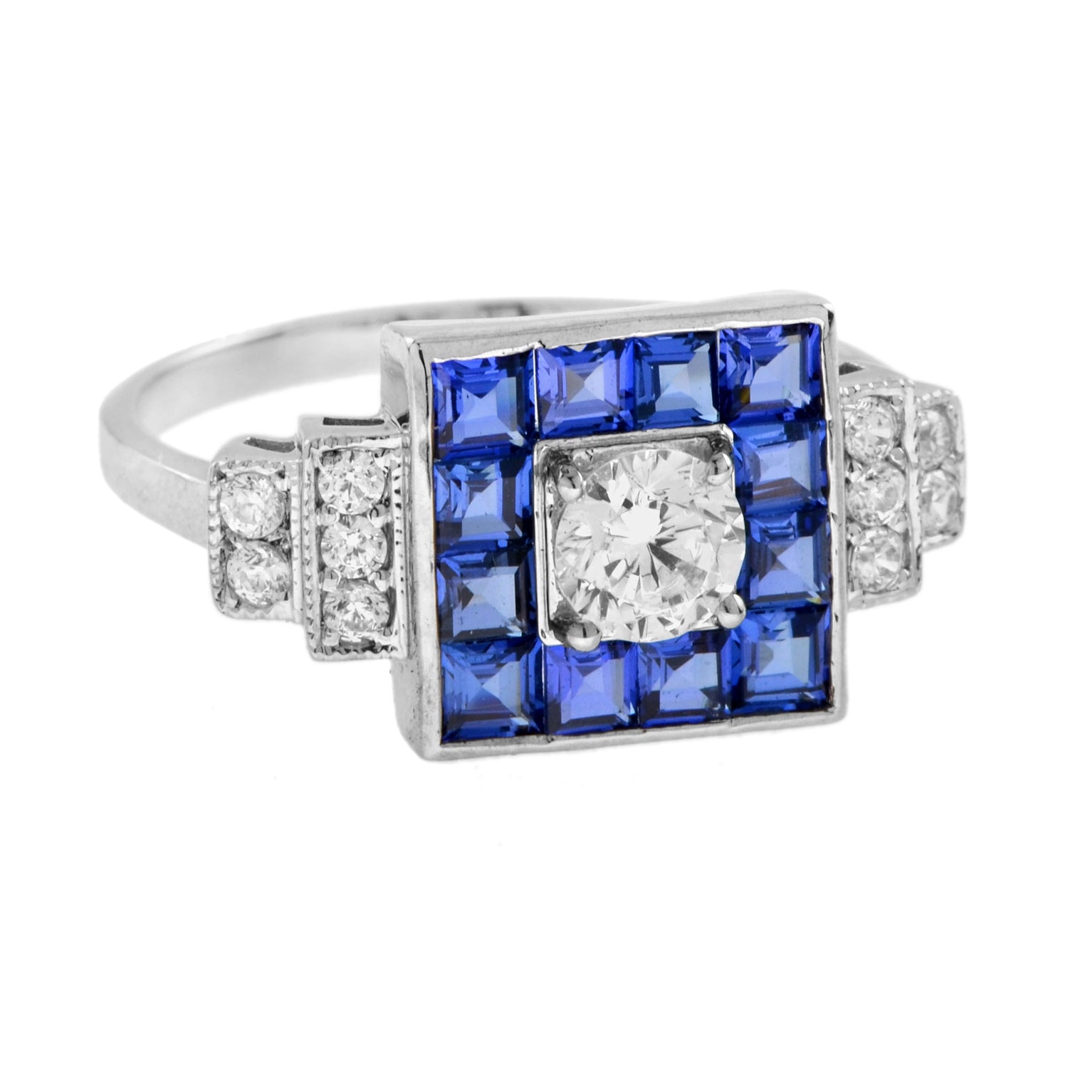Diamond &amp; Blue Sapphire Art Deco Style Square Shape 14K White Gold Ring