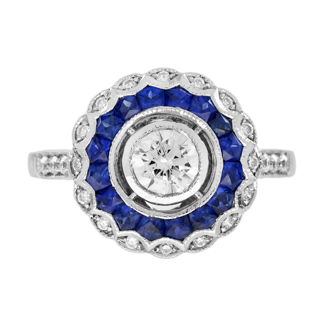 Diamond & Blue Sapphire Fancy Cut Art Deco Style Statement 14K White Gold Ring
