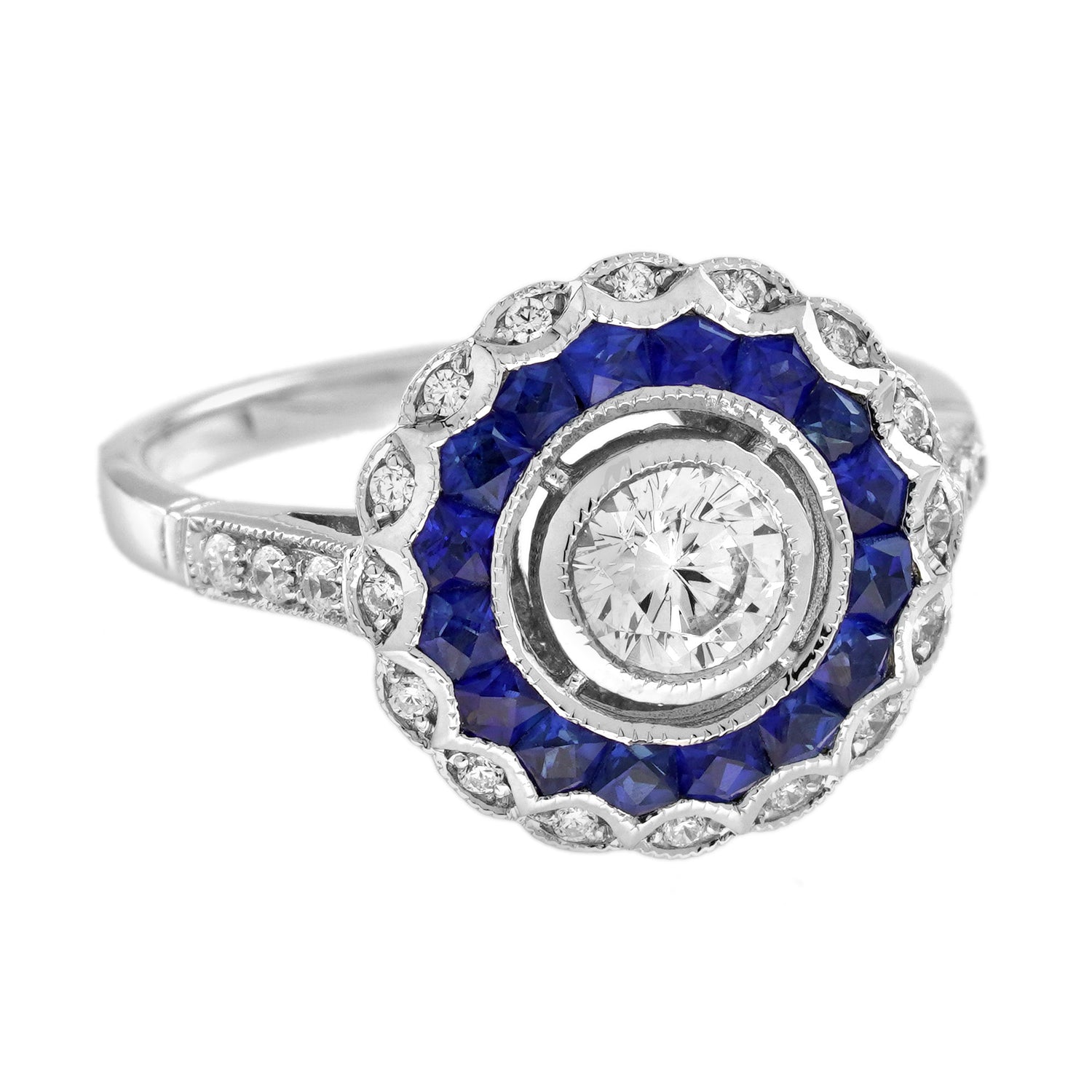 Diamond &amp; Blue Sapphire Fancy Cut Art Deco Style Statement 14K White Gold Ring