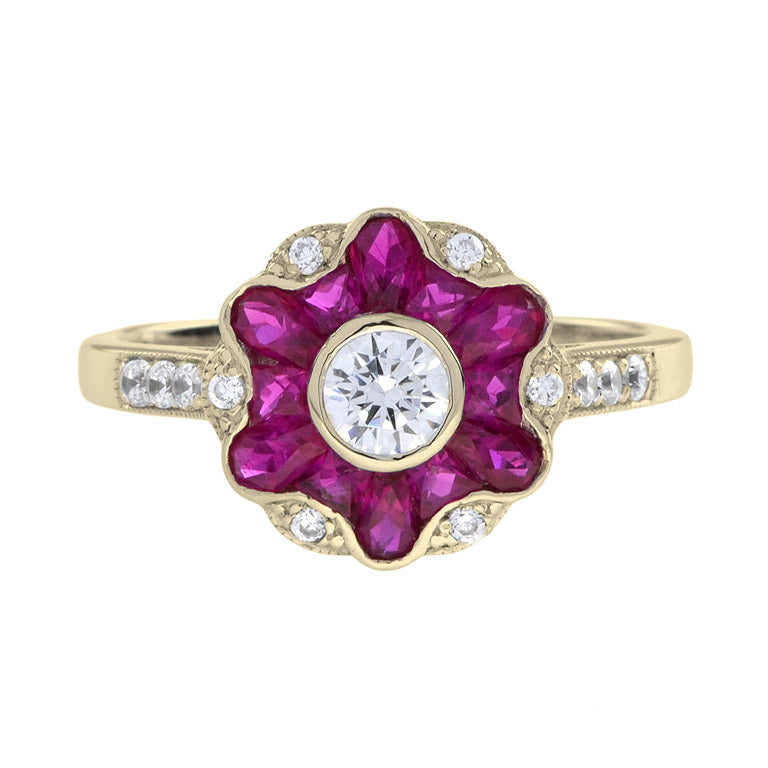 Morning Glory Red Pink Ruby &amp; Round Diamond Art Deco Style 14K Gold Ring