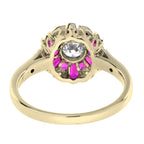 Morning Glory Red Pink Ruby & Round Diamond Art Deco Style 14K Gold Ring