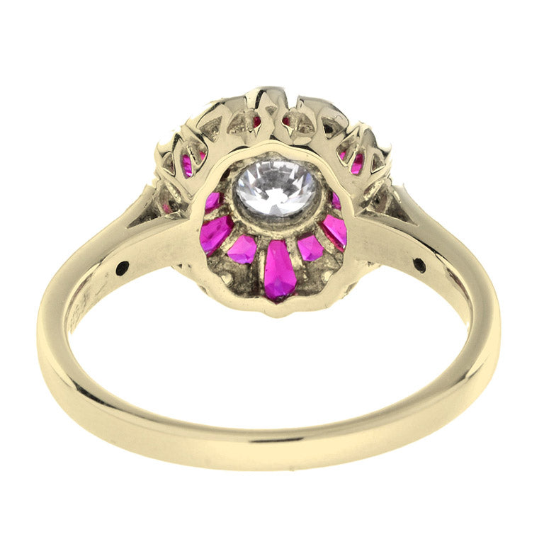 Morning Glory Red Pink Ruby &amp; Round Diamond Art Deco Style 14K Gold Ring