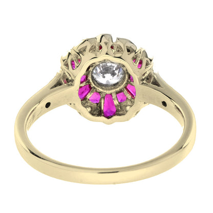 Morning Glory Red Pink Ruby & Round Diamond Art Deco Style 14K Gold Ring