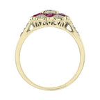 Morning Glory Red Pink Ruby & Round Diamond Art Deco Style 14K Gold Ring