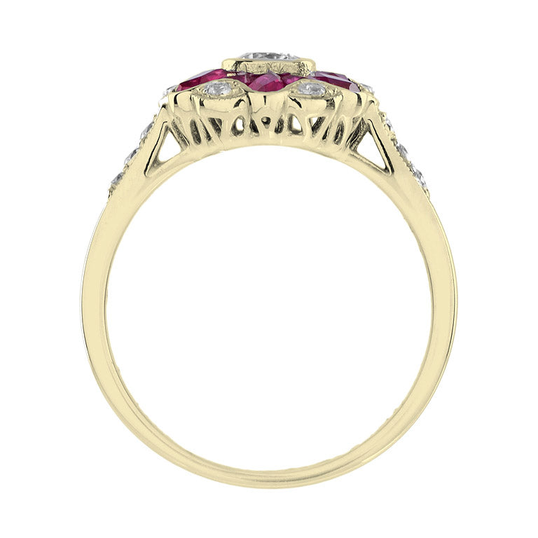 Morning Glory Red Pink Ruby & Round Diamond Art Deco Style 14K Gold Ring