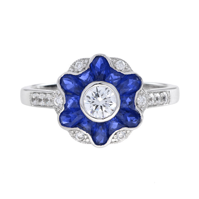 Morning Glory Blue Sapphire &amp; Diamond Art Deco Style 14K White Gold Ring