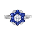 Morning Glory Blue Sapphire & Diamond Art Deco Style 14K White Gold Ring