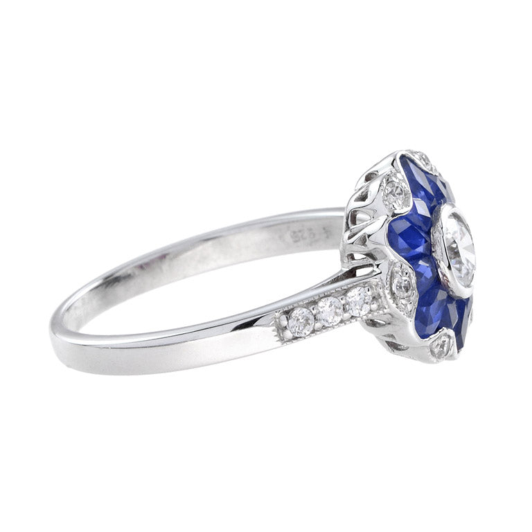 Morning Glory Blue Sapphire & Diamond Art Deco Style 14K White Gold Ring