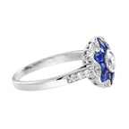 Morning Glory Blue Sapphire & Diamond Art Deco Style 14K White Gold Ring