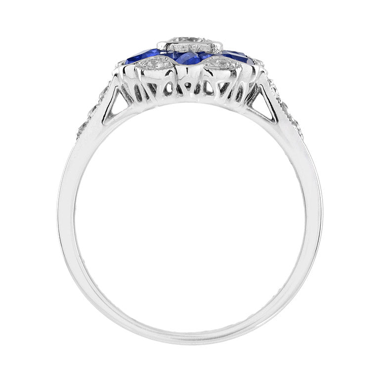 Morning Glory Blue Sapphire &amp; Diamond Art Deco Style 14K White Gold Ring