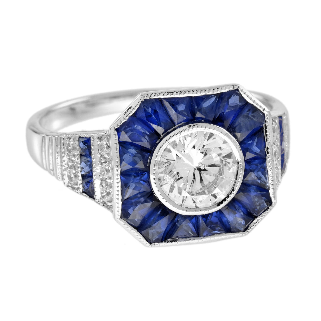Diamond &amp; Blue Sapphire Fancy Specialty Cut Art Deco Style White Gold Ring