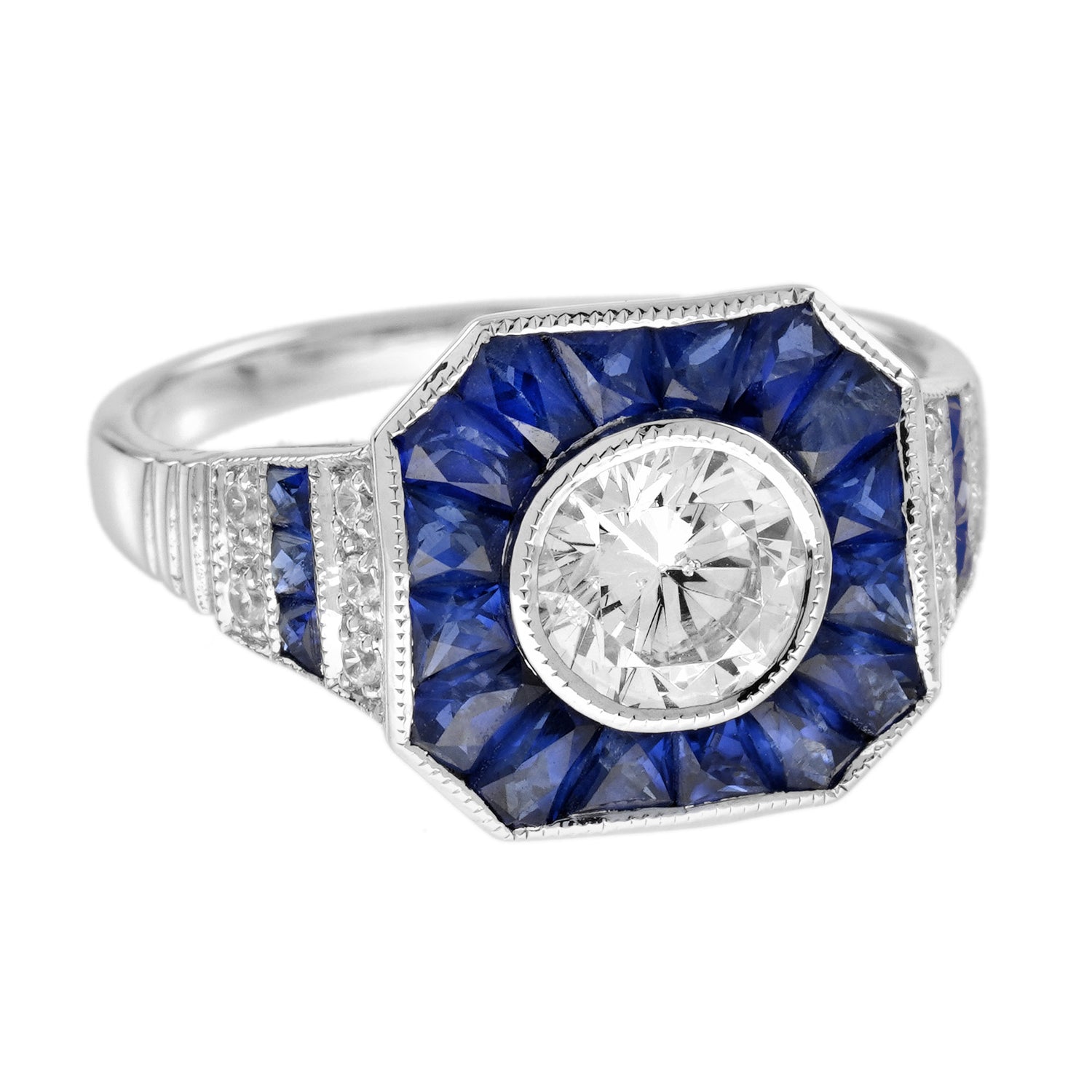 Diamond &amp; Blue Sapphire Fancy Specialty Cut Art Deco Style White Gold Ring