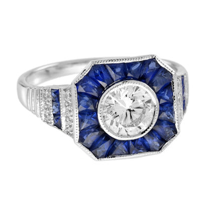 Diamond &amp; Blue Sapphire Fancy Specialty Cut Art Deco Style White Gold Ring