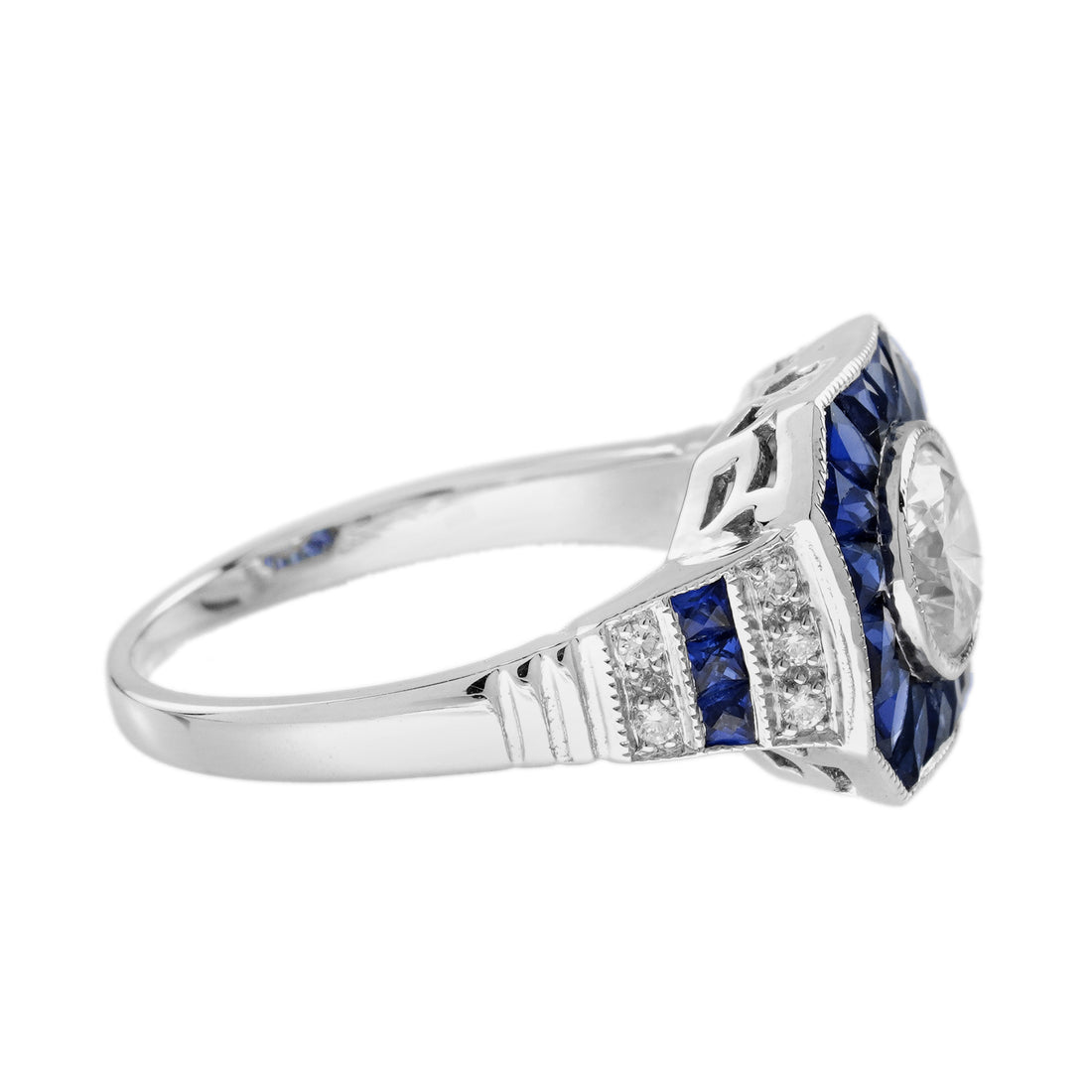 Diamond &amp; Blue Sapphire Fancy Specialty Cut Art Deco Style White Gold Ring