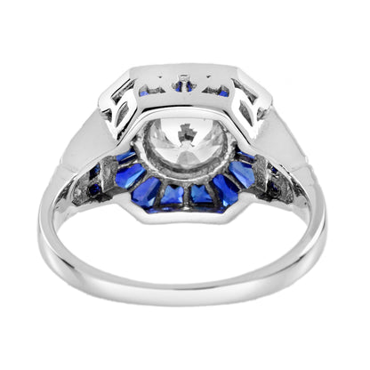 Diamond &amp; Blue Sapphire Fancy Specialty Cut Art Deco Style White Gold Ring