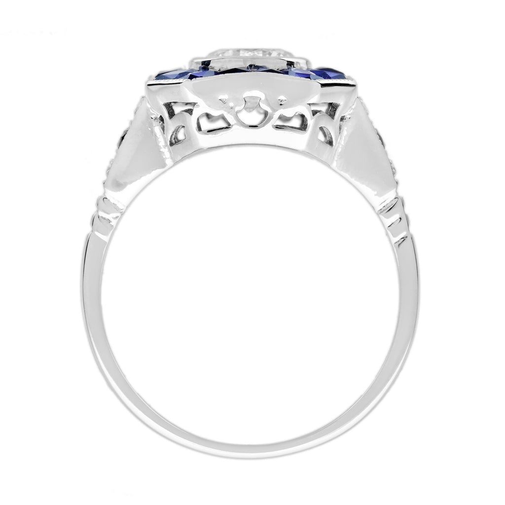 Diamond & Blue Sapphire Fancy Specialty Cut Art Deco Style White Gold Ring