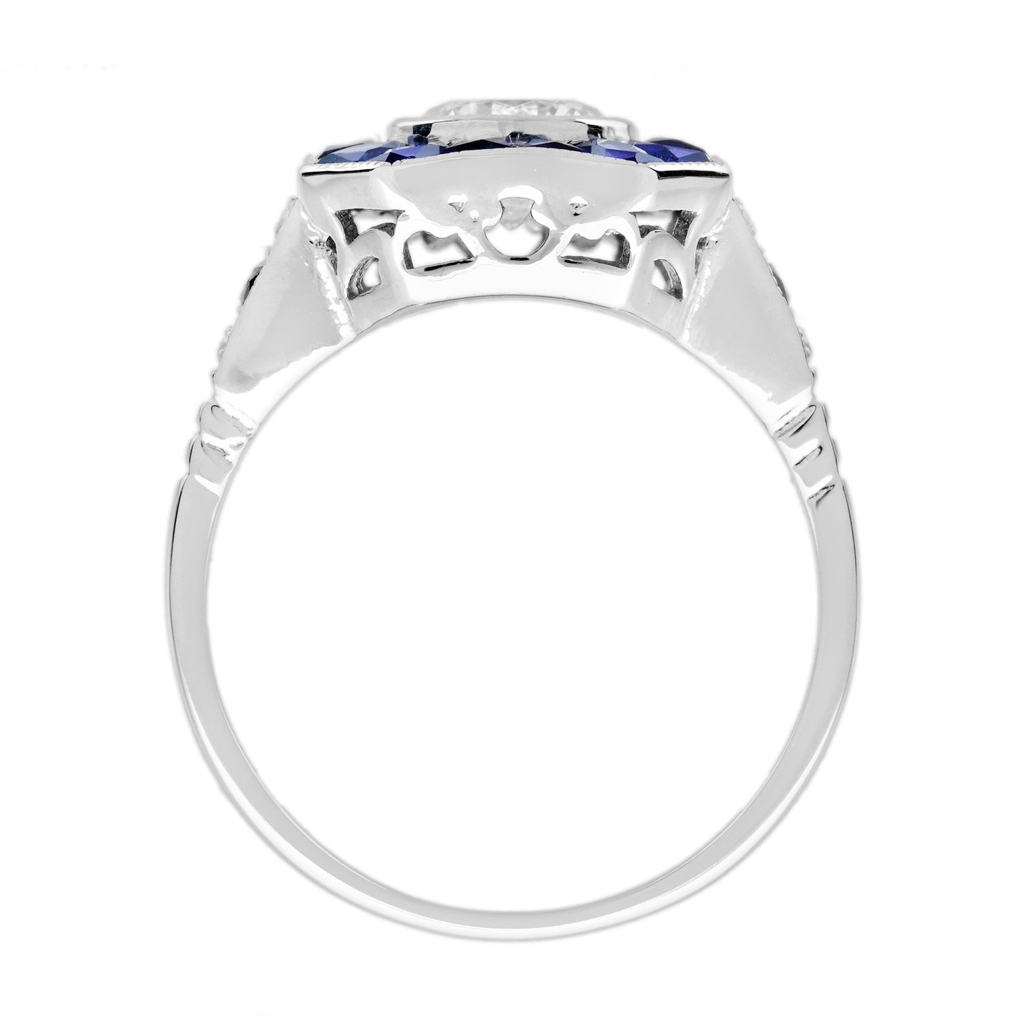Diamond &amp; Blue Sapphire Fancy Specialty Cut Art Deco Style White Gold Ring