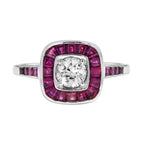 Art Deco Style Diamond & Red Pink Ruby Cushion Shape Halo 18K White Gold Ring