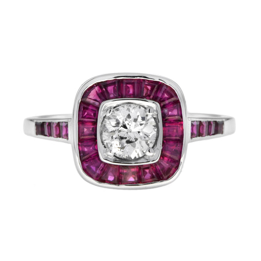 Art Deco Style Diamond & Red Pink Ruby Cushion Shape Halo 18K White Gold Ring