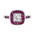 Art Deco Style Diamond & Red Pink Ruby Cushion Shape Halo 18K White Gold Ring