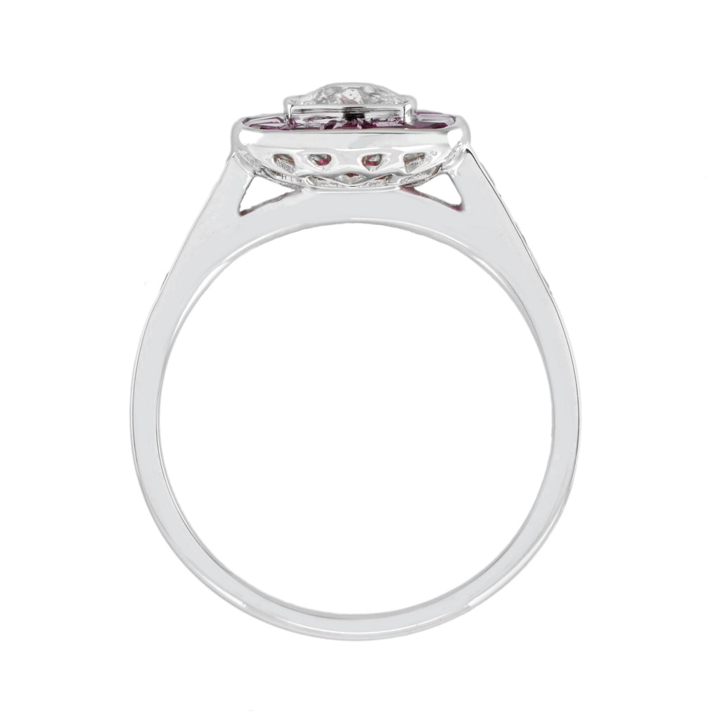 Art Deco Style Diamond & Red Pink Ruby Cushion Shape Halo 18K White Gold Ring