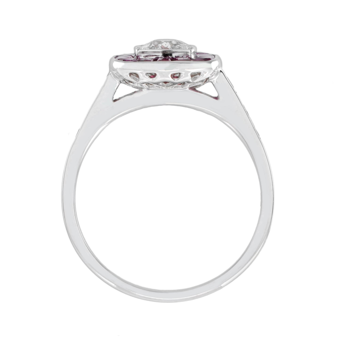 art deco style diamond & red pink ruby cushion shape halo 18k white gold ring