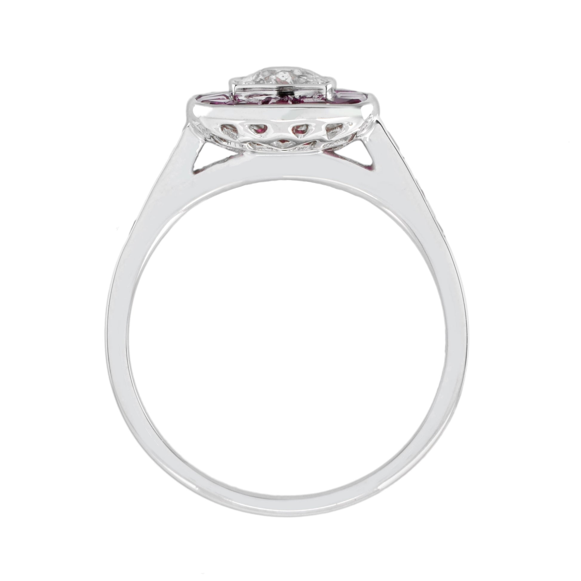 Art Deco Style Diamond & Red Pink Ruby Cushion Shape Halo 18K White Gold Ring