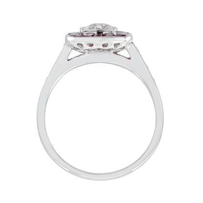 Art Deco Style Diamond & Red Pink Ruby Cushion Shape Halo 18K White Gold Ring