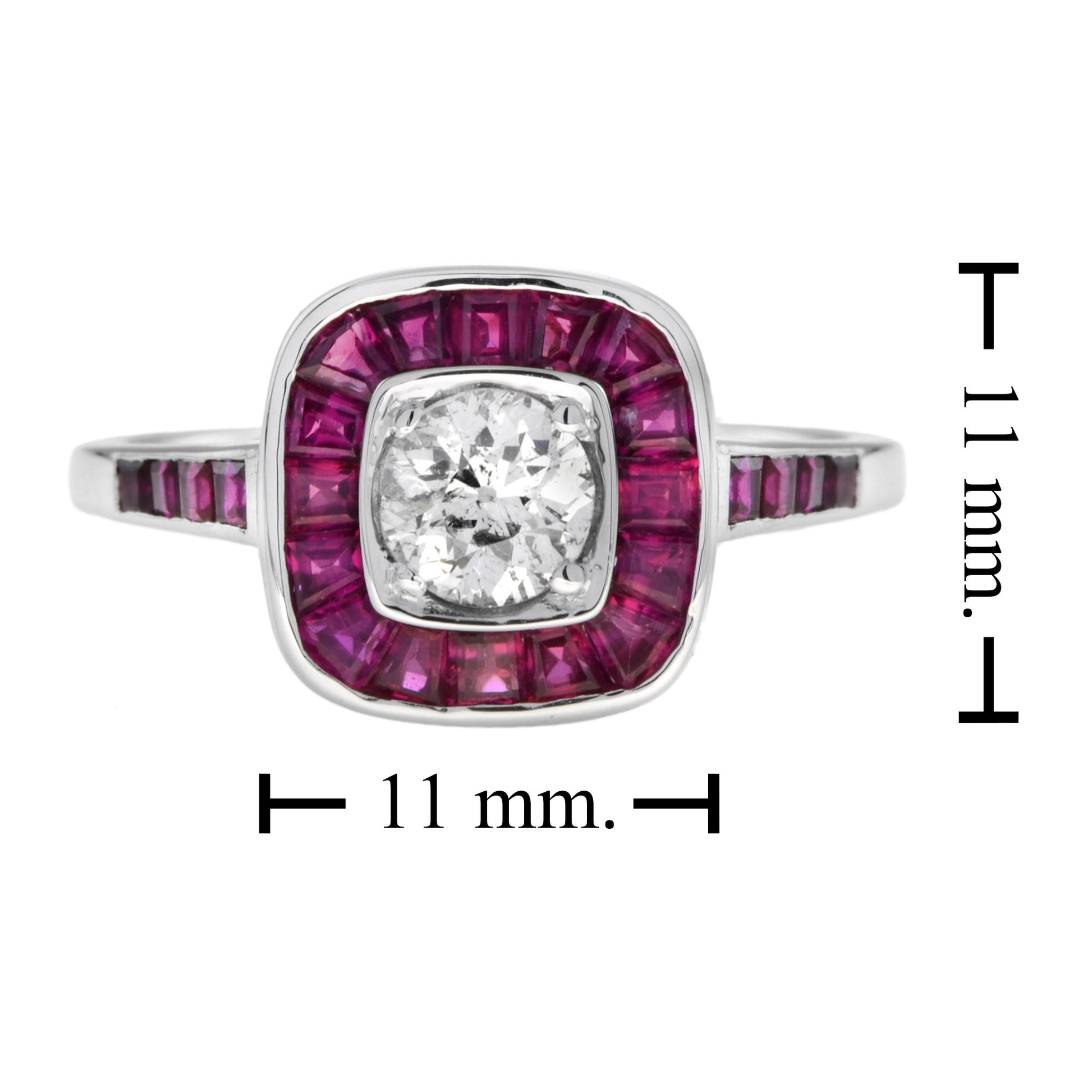 Art Deco Style Diamond & Red Pink Ruby Cushion Shape Halo 18K White Gold Ring