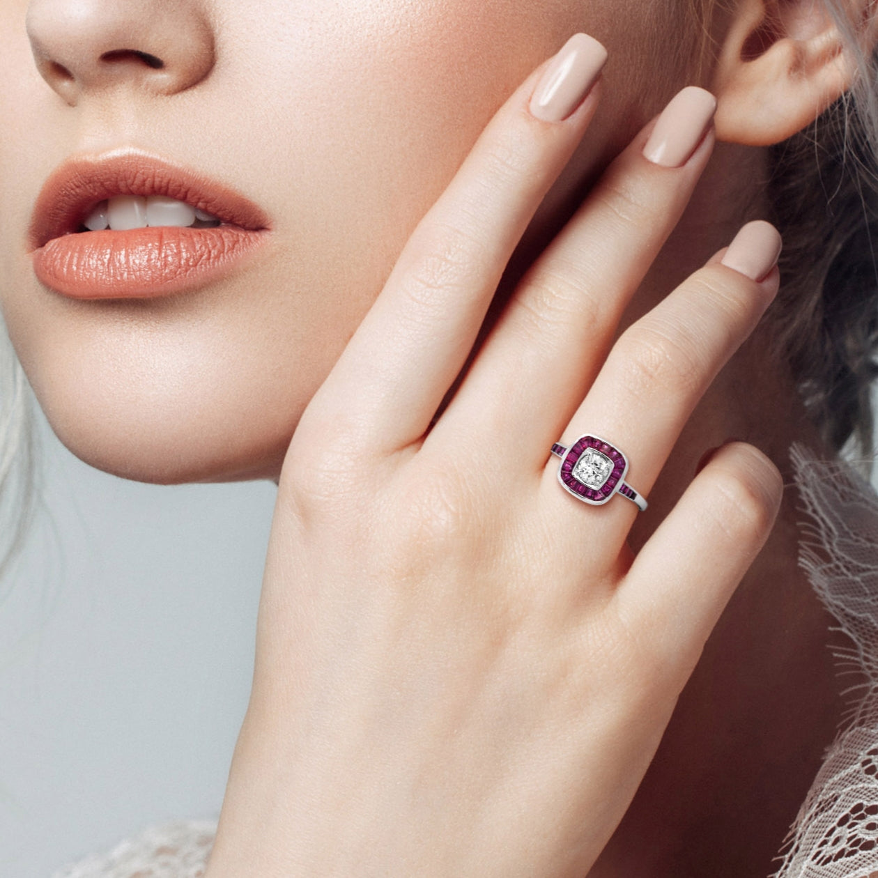 Art Deco Style Diamond & Red Pink Ruby Cushion Shape Halo 18K White Gold Ring