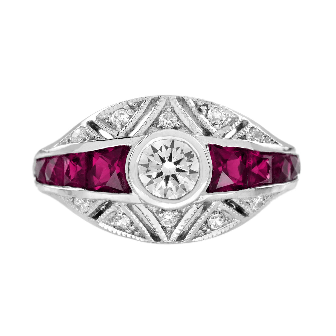 Diamond & Ruby Fancy Cut Vintage Inspired Art Deco Style Bombay White Gold Ring