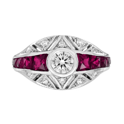 Diamond & Ruby Fancy Cut Vintage Inspired Art Deco Style Bombay White Gold Ring