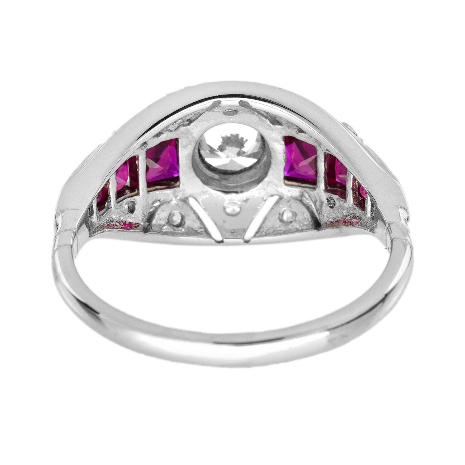 Diamond &amp; Ruby Fancy Cut Vintage Inspired Art Deco Style Bombay White Gold Ring