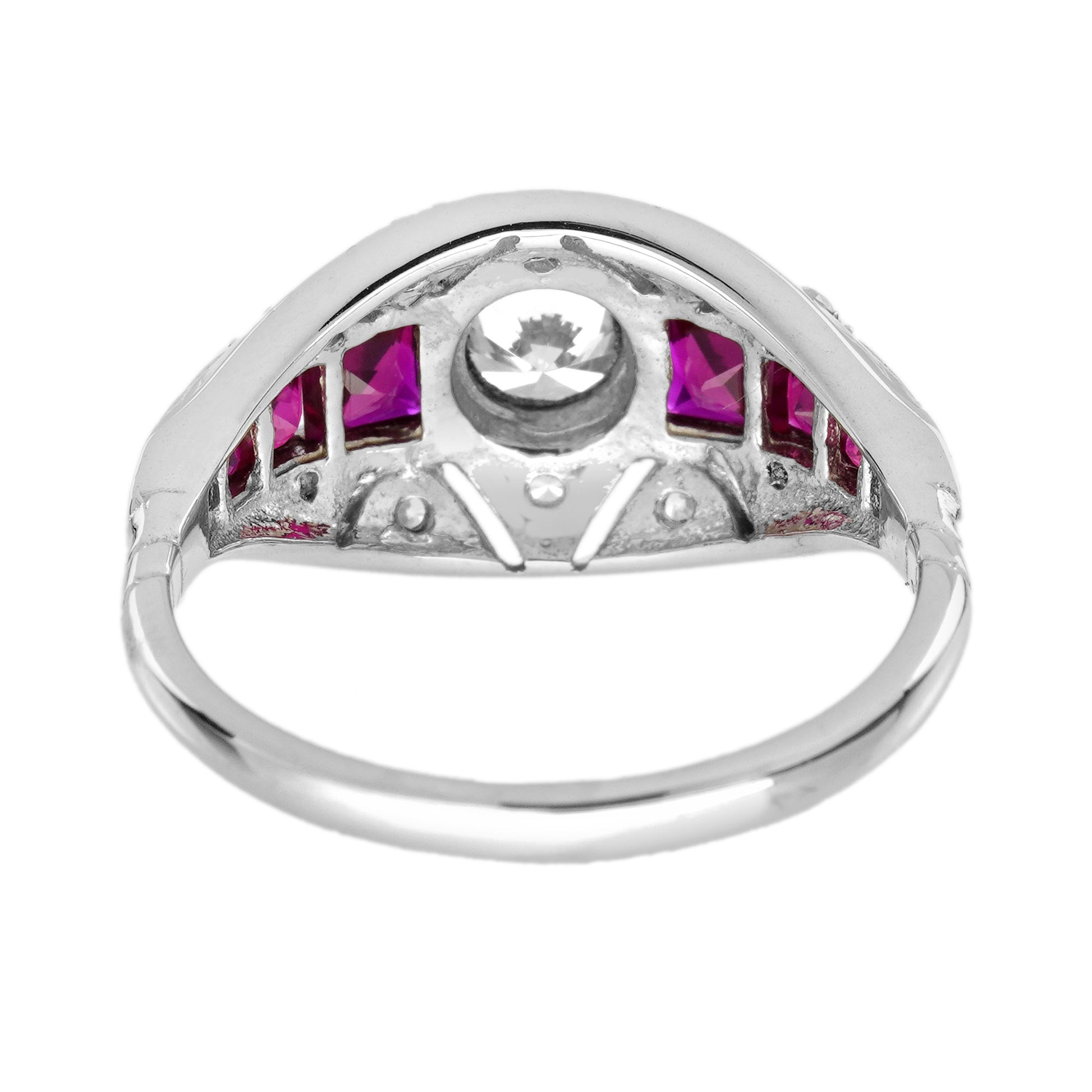 Diamond & Ruby Fancy Cut Vintage Inspired Art Deco Style Bombay White Gold Ring