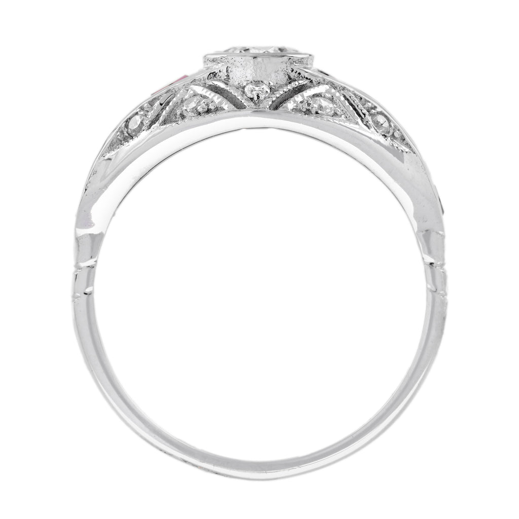 Diamond & Ruby Fancy Cut Vintage Inspired Art Deco Style Bombay White Gold Ring