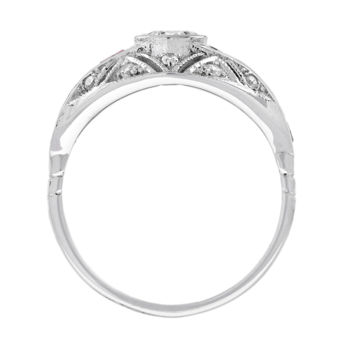 diamond & ruby fancy cut vintage inspired art deco style bombay white gold ring