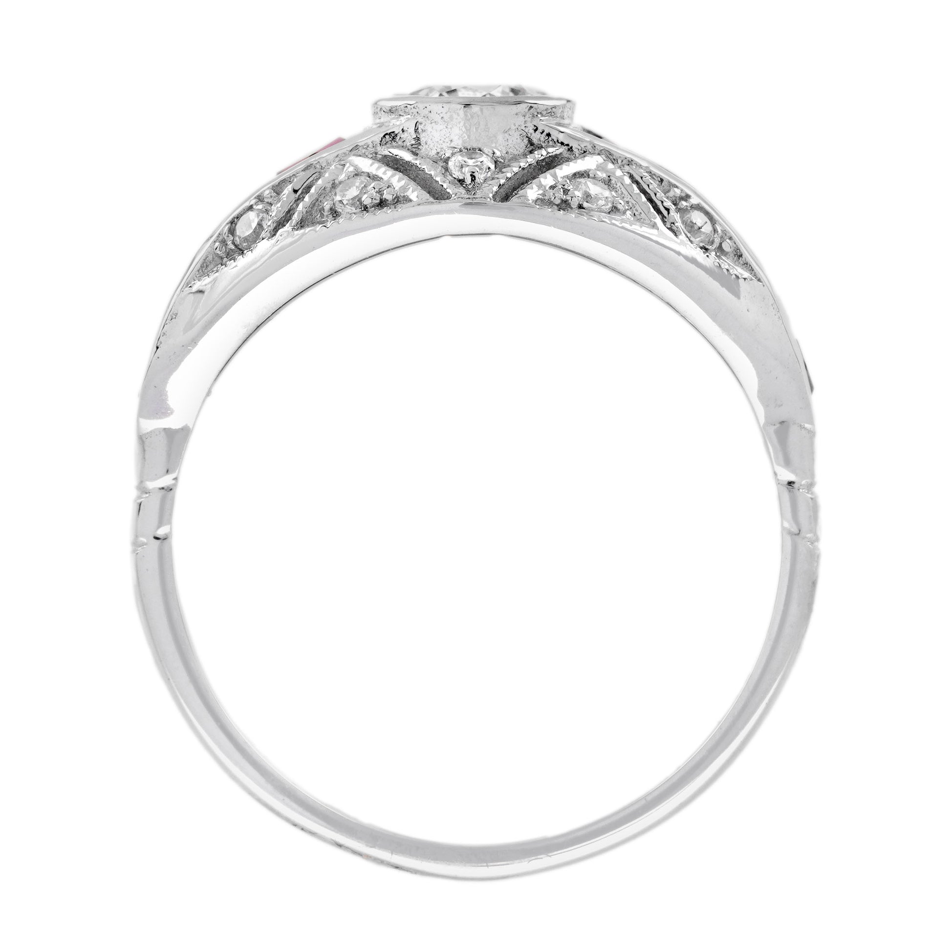 Diamond & Ruby Fancy Cut Vintage Inspired Art Deco Style Bombay White Gold Ring