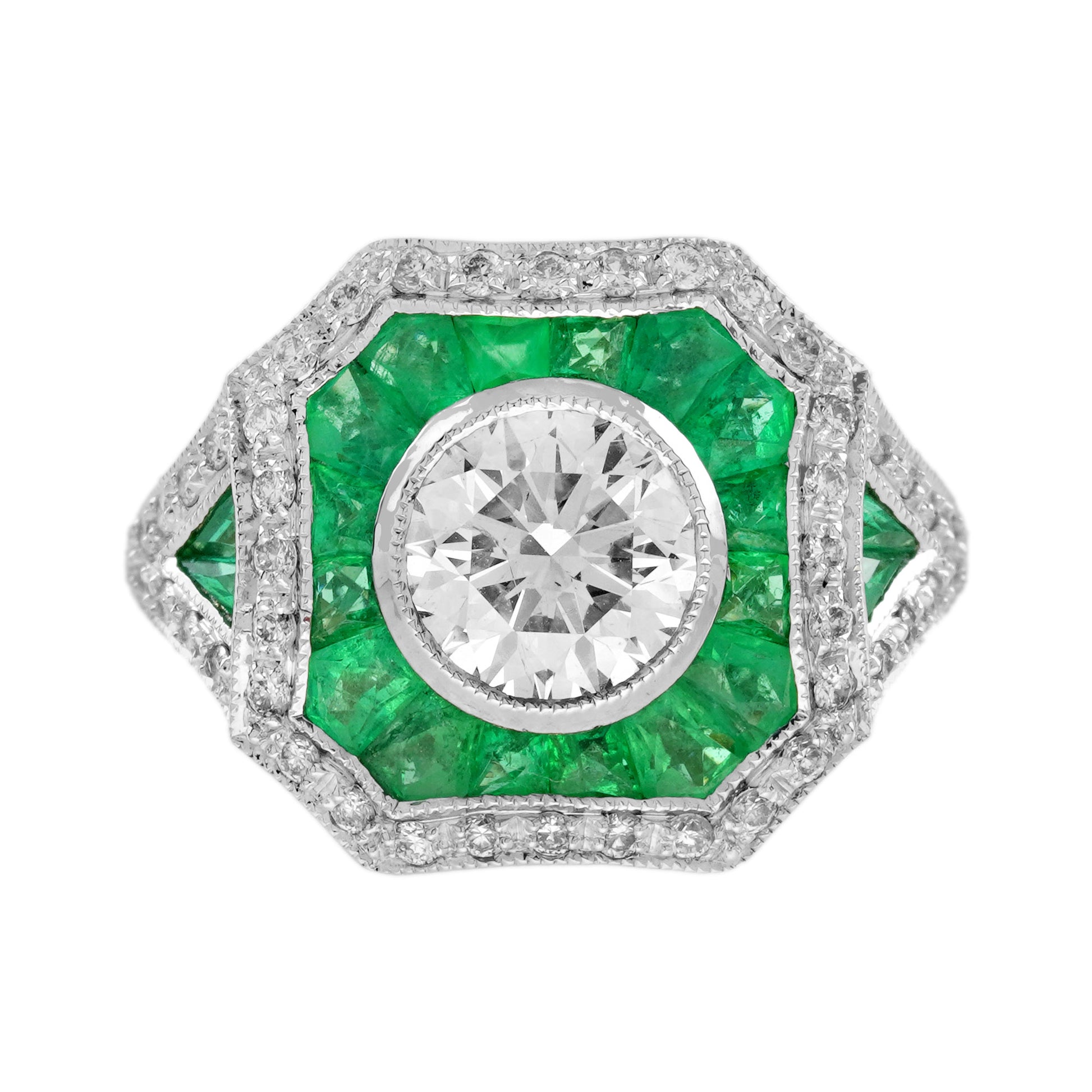 Round Diamond & Green Emerald Halo Set Art Deco Style 18K White Gold Ring
