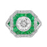 Round Diamond & Green Emerald Halo Set Art Deco Style 18K White Gold Ring