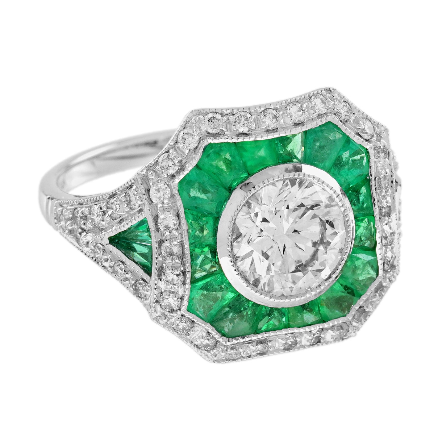 round diamond & green emerald halo set art deco style 18k white gold ring