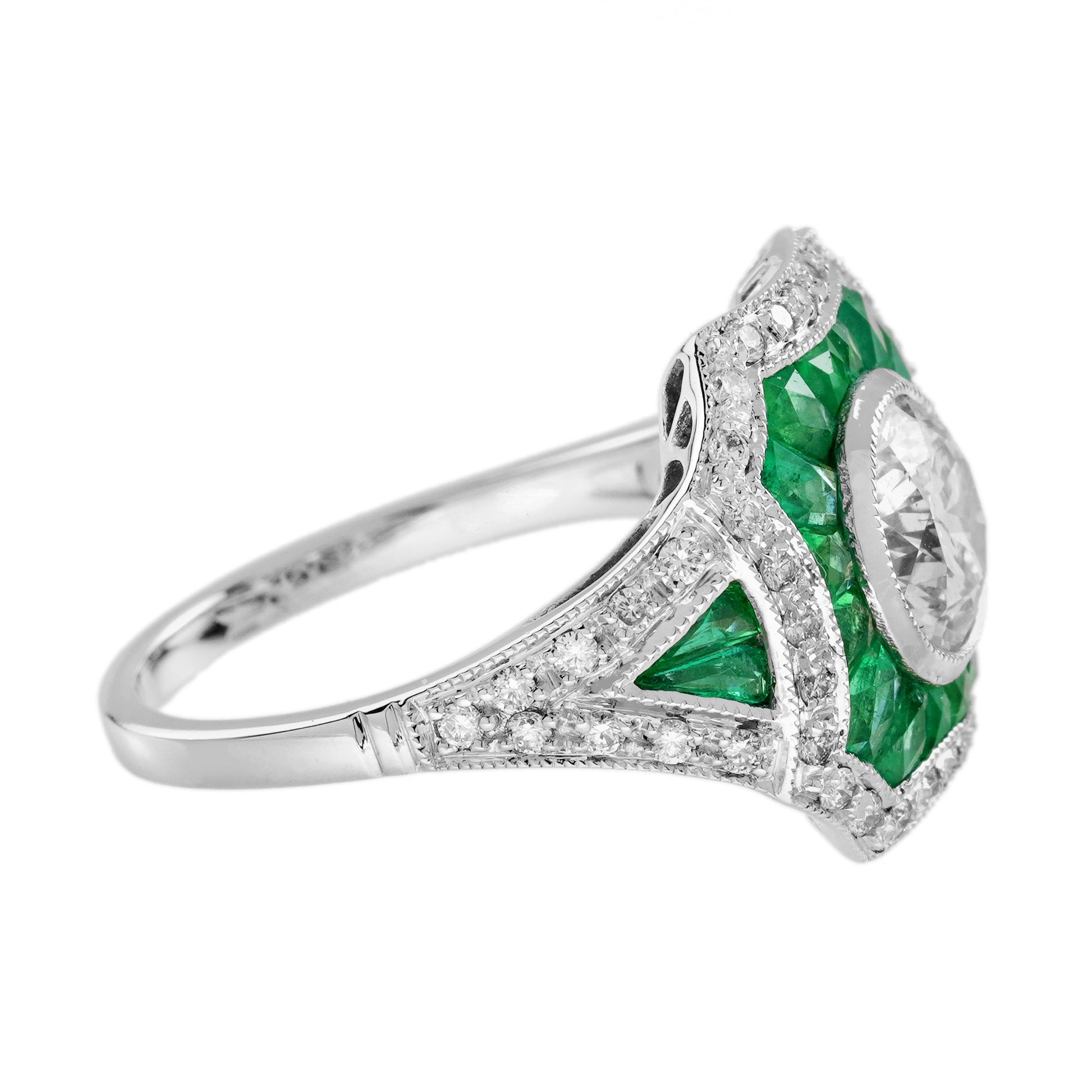Round Diamond & Green Emerald Halo Set Art Deco Style 18K White Gold Ring