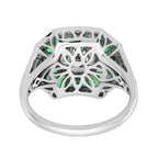 Round Diamond & Green Emerald Halo Set Art Deco Style 18K White Gold Ring