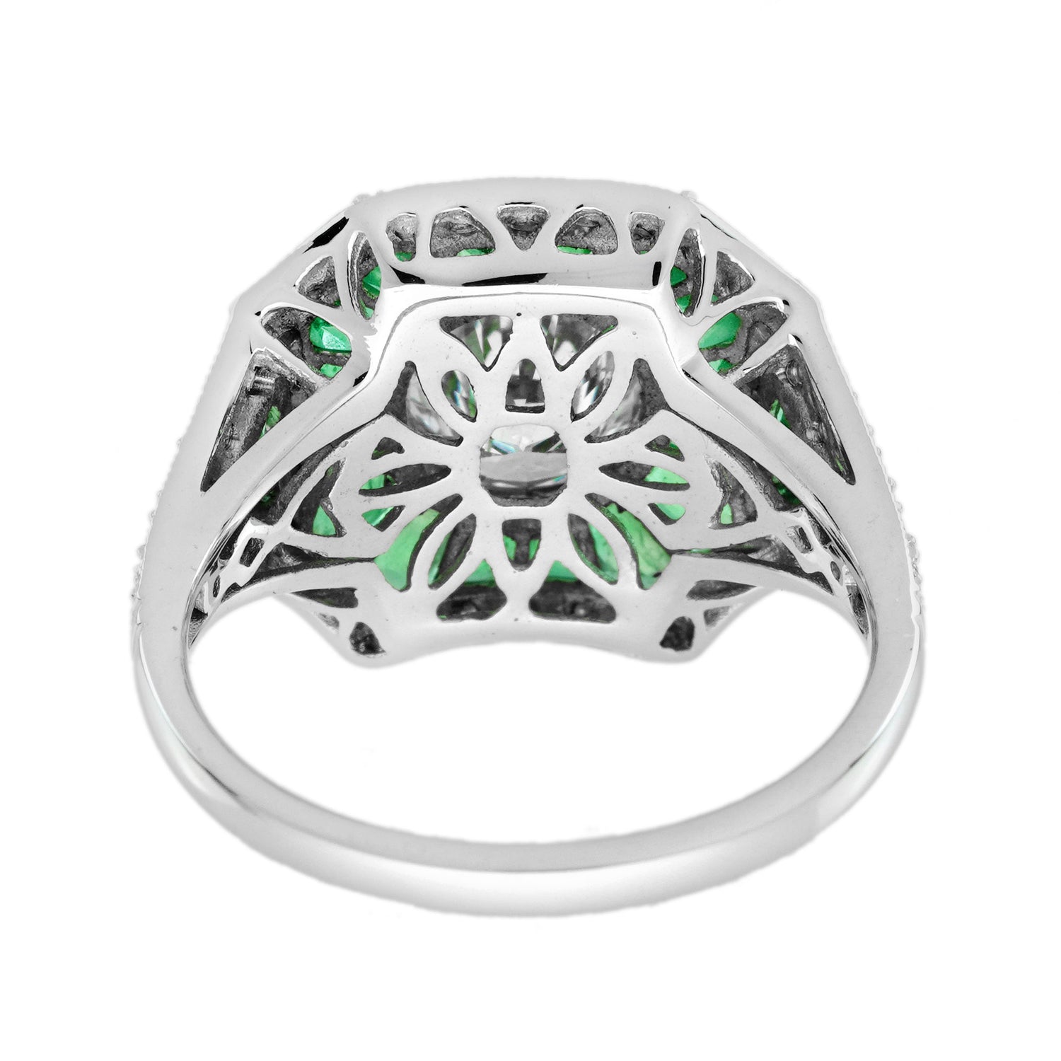 Round Diamond &amp; Green Emerald Halo Set Art Deco Style 18K White Gold Ring